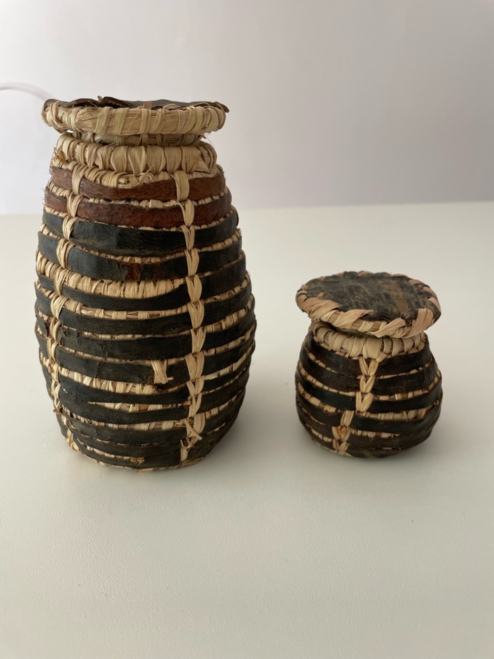Handwoven Leather and Grass Jars from Kenya - Set of 2